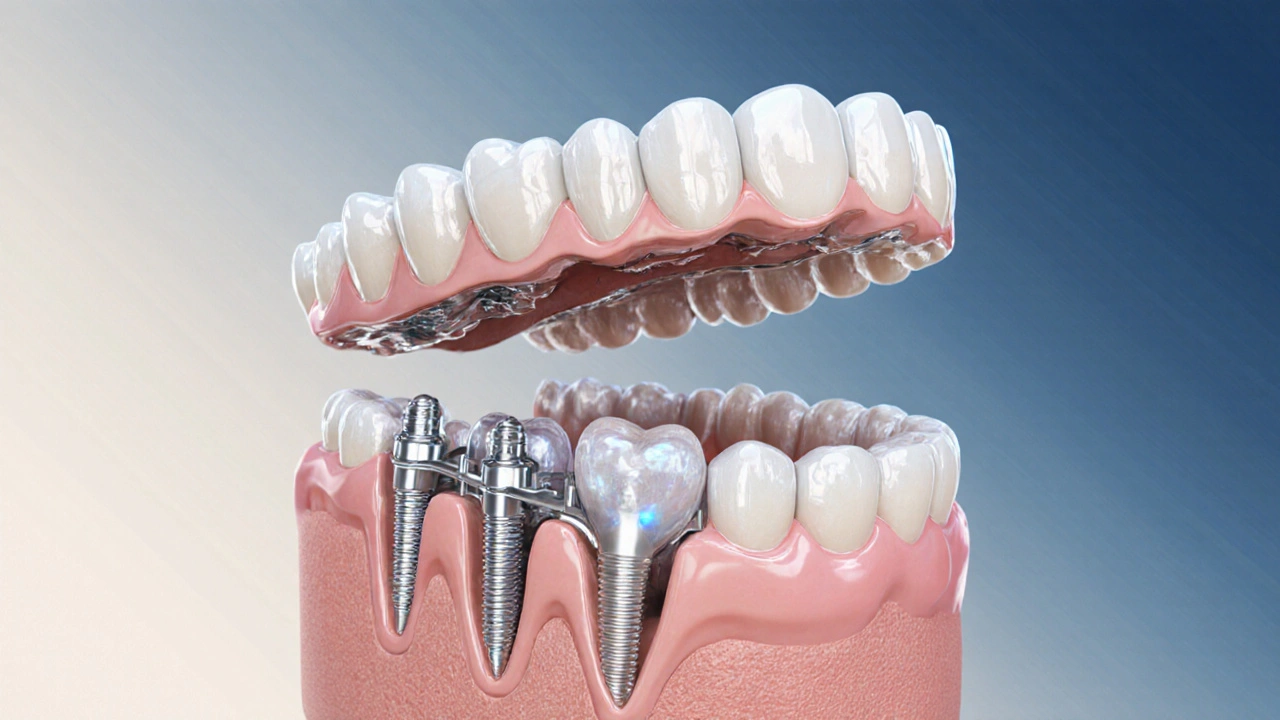 Průřez hybridní zubní náhrady ukazující implantáty, rámování a keramické zuby s přirozeným odrazem světla.