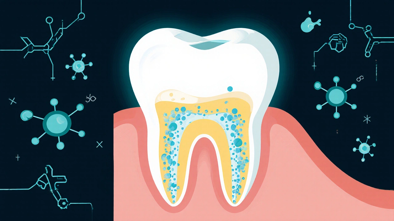 Průřez zubu s pronikáním bělícího gelu do skloviny a rozkladem pigmentů.