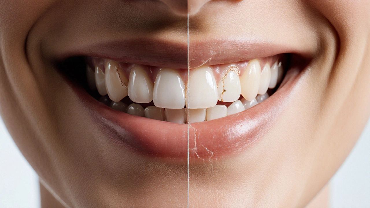 Rozdělený úsměv: zdravé bělené zuby na jedné straně, poškozené na druhé.