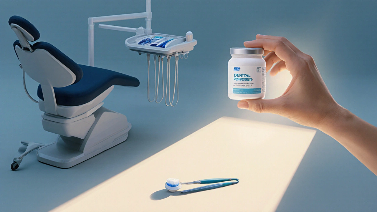 Ruka drží zubní pudr vedle zubního křesla, zatímco bezpečnější alternativy svítí.