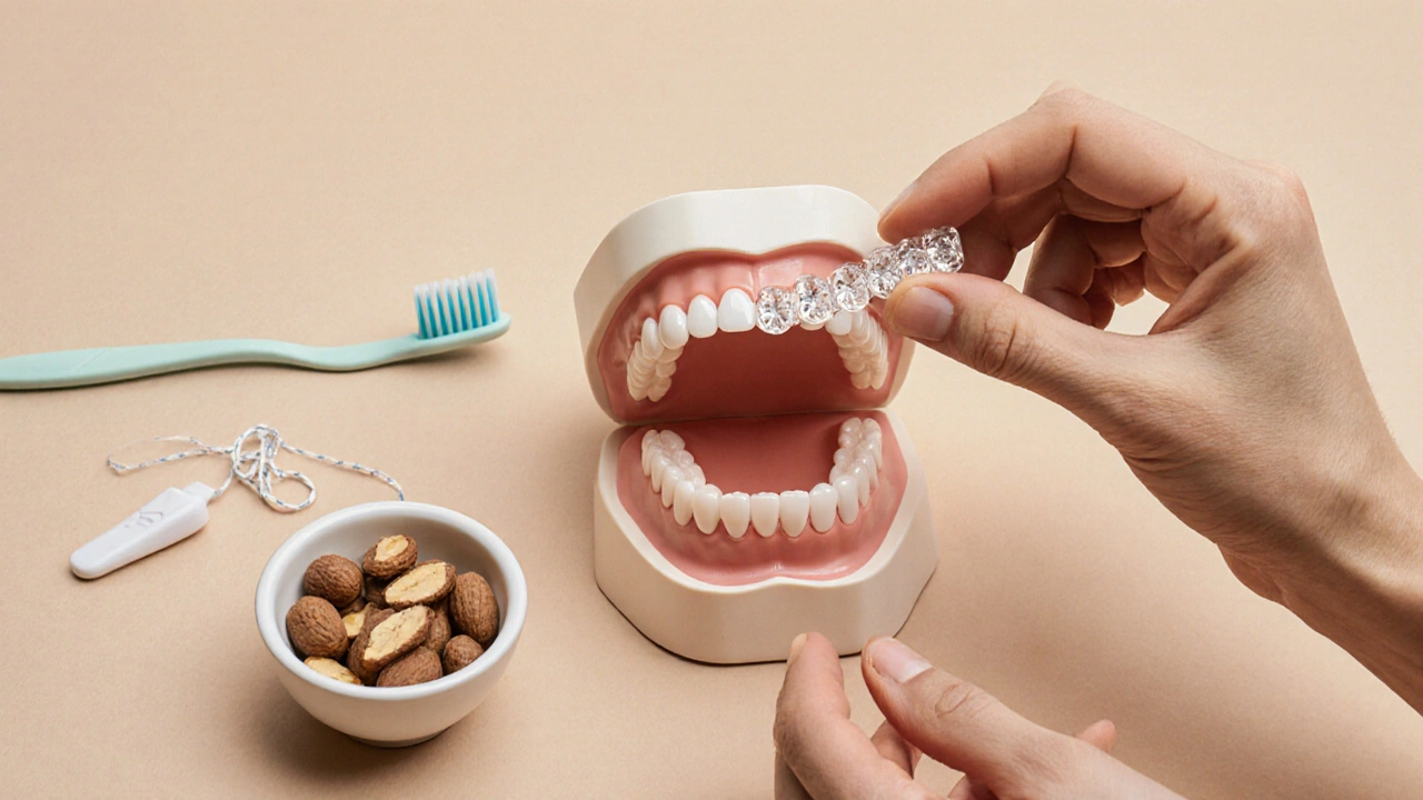 Ruka ukládá zirkoniovou korunku do modelu úst, vedle ní ochranná noční štětice a zdravé potraviny.