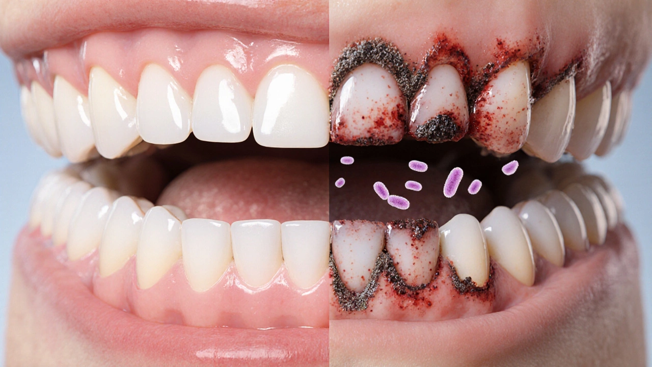 Side-by-side comparison of healthy and diseased gums with visible tartar and inflammation.
