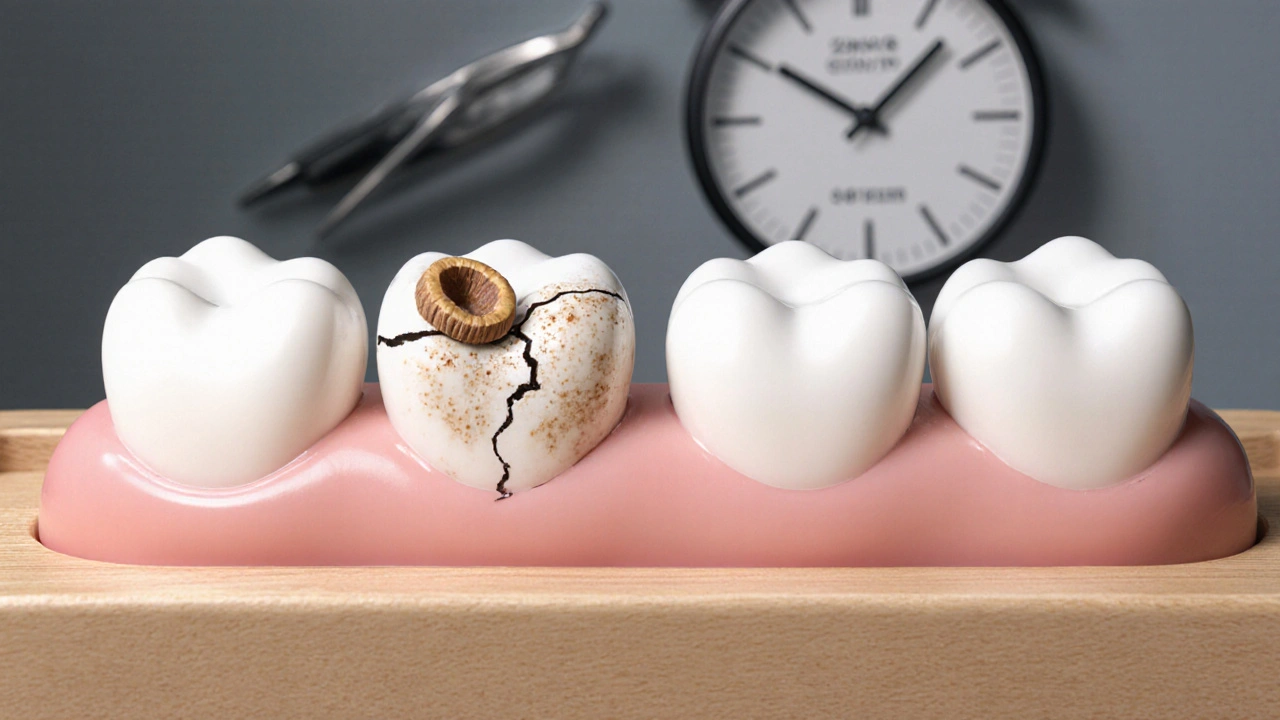 Side-by-side comparison of zirconia and lithium-disilicate ceramic crowns with signs of wear.