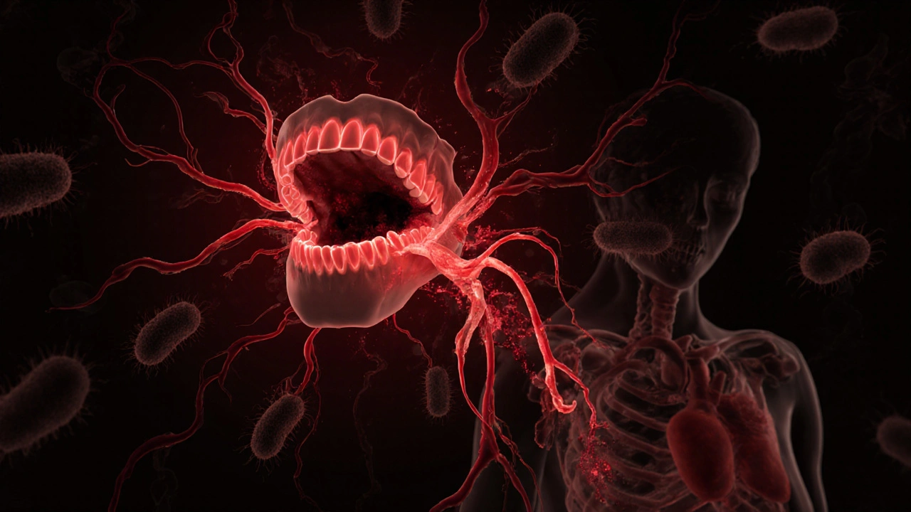 Skrytá infekce z kazu se šíří do čelisti a krve jako červené větve.