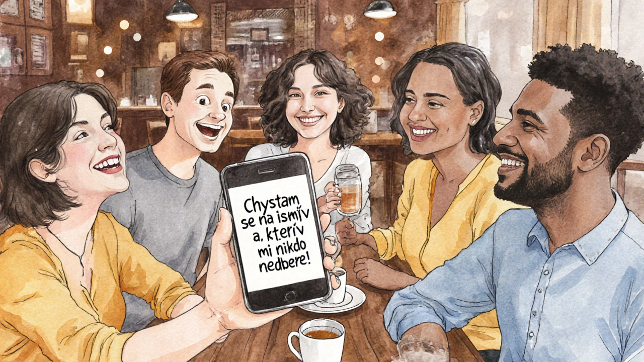 Skupina přátel v kavárně se směje, každý má jiné rovnátka.