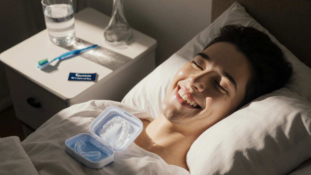 Skus uložený v suchém kontejneru vedle postele po nočním použití.