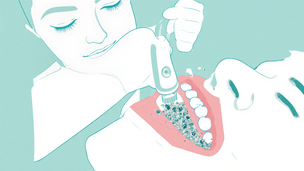 Stomatolog odstraňuje kámen z předního zubu ultrazvukovým nástrojem