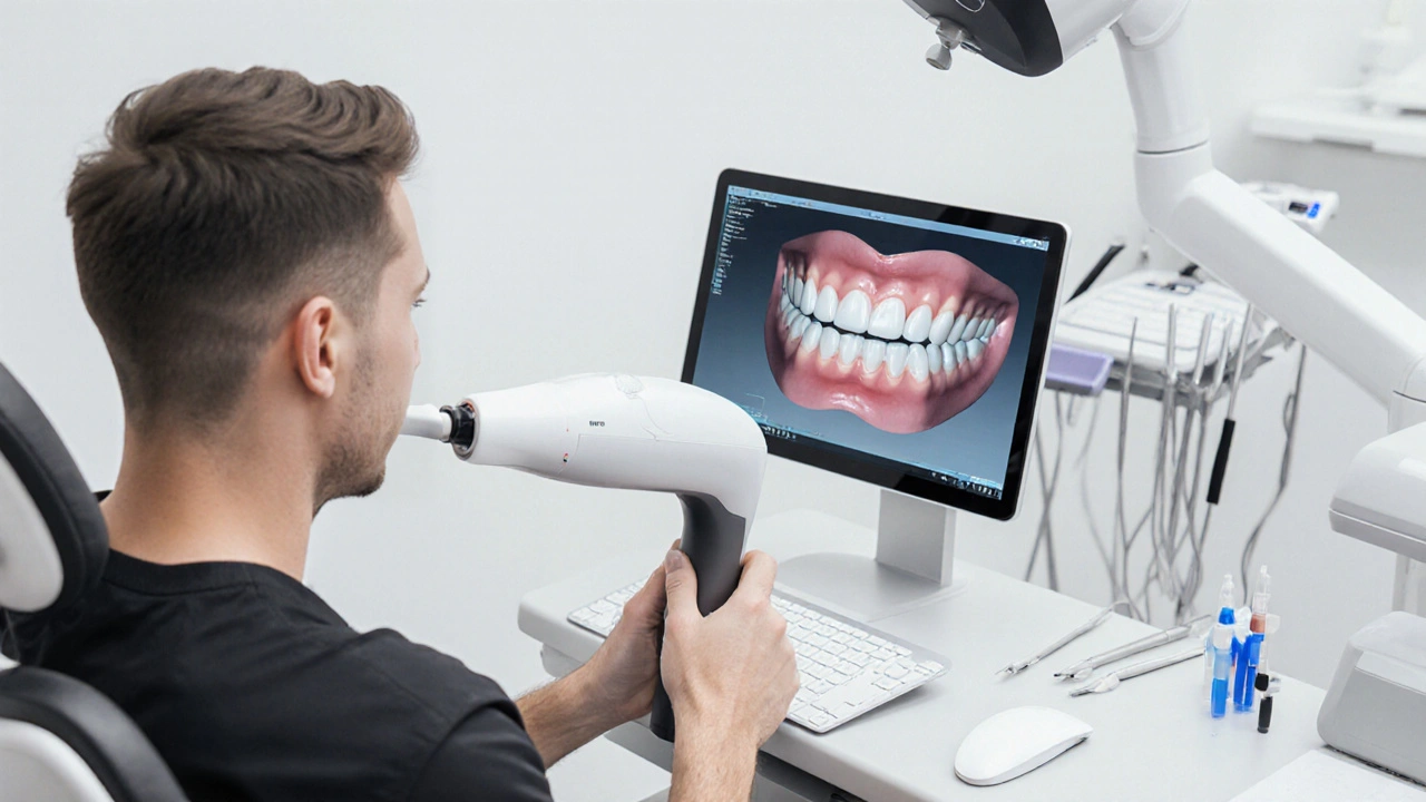 Stomatolog používá digitální skener k vytvoření 3D modelu zubní korunky.