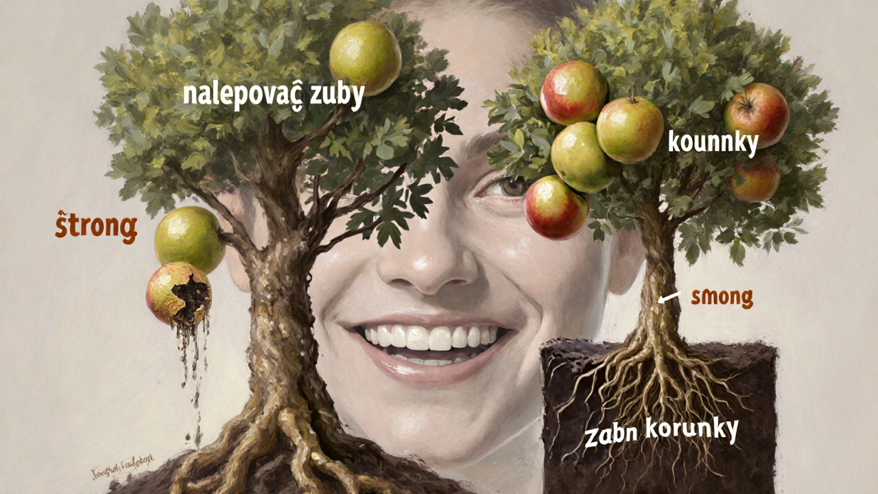 Strom s padajícími plody nahrazujícími zuby a pevnými plody symbolizujícími trvalé zubní korunky.