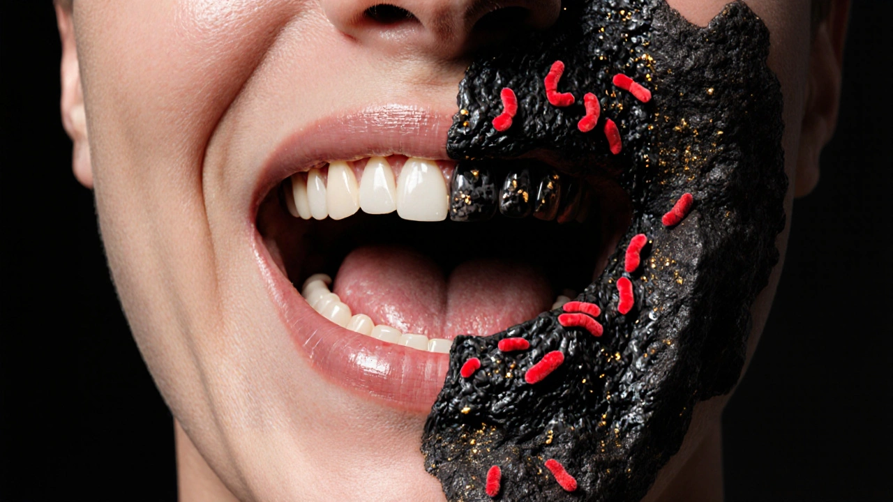 Surreální ilustrace zubního kamene s bakteriemi a kovovými částicemi rozšiřujícími se z zubů.