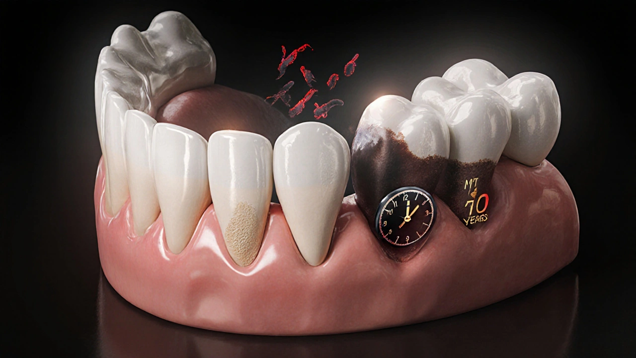 Transparent jaw diagram showing healthy crown versus hidden decay underneath over time.