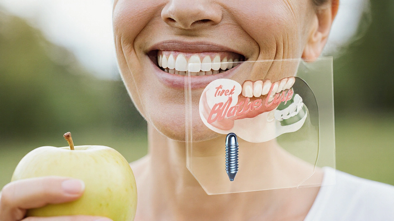 Woman smiling with transparent view of dental implants supporting her natural-looking teeth.