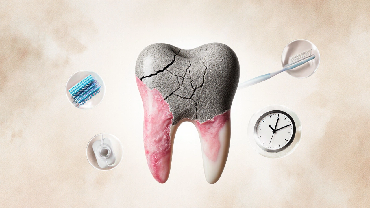 Zdravý zub po odstranění kamenů s ikonami hygieny kolem