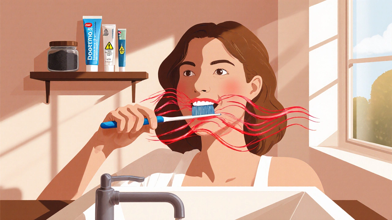 Žena čistí zuby tvrdým kartáčkem, z dásní vystupují příznaky zánětu.
