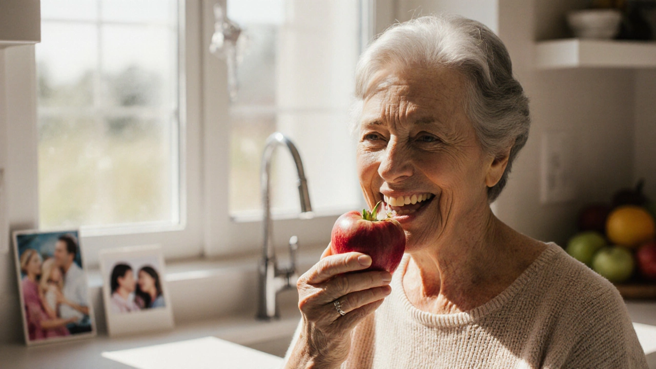 Žena v 60. letech jí jablko s hybridní náhradou, její úsměv je přirozený a bez omezení.