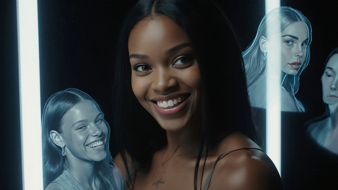 Žena v zrcadle s průhlednými obrysy slavných osobností, které mají stejnou vlastní mezeru, vyjadřující jedinečnost jako styl.