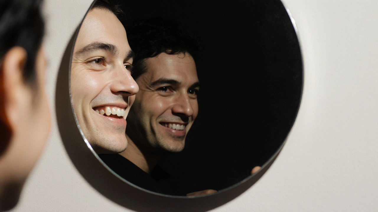 Zrcadlo odrazuje úsměv s keramickými rovnátky, zatímco za ním se téměř ztrácí stín s kovovými.