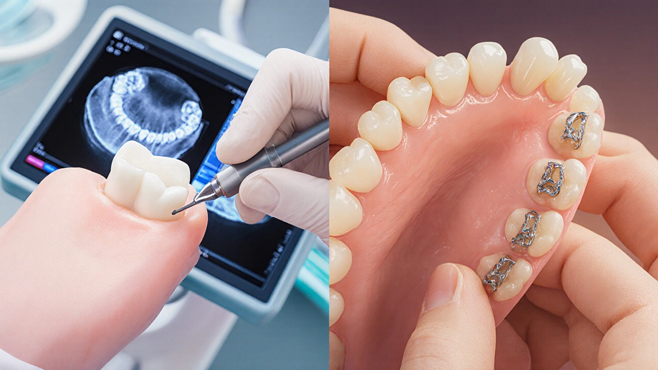 Zubař připevňuje keramickou korunku k připravenému zubu, na pozadí viditelné kovové háčky protézy.