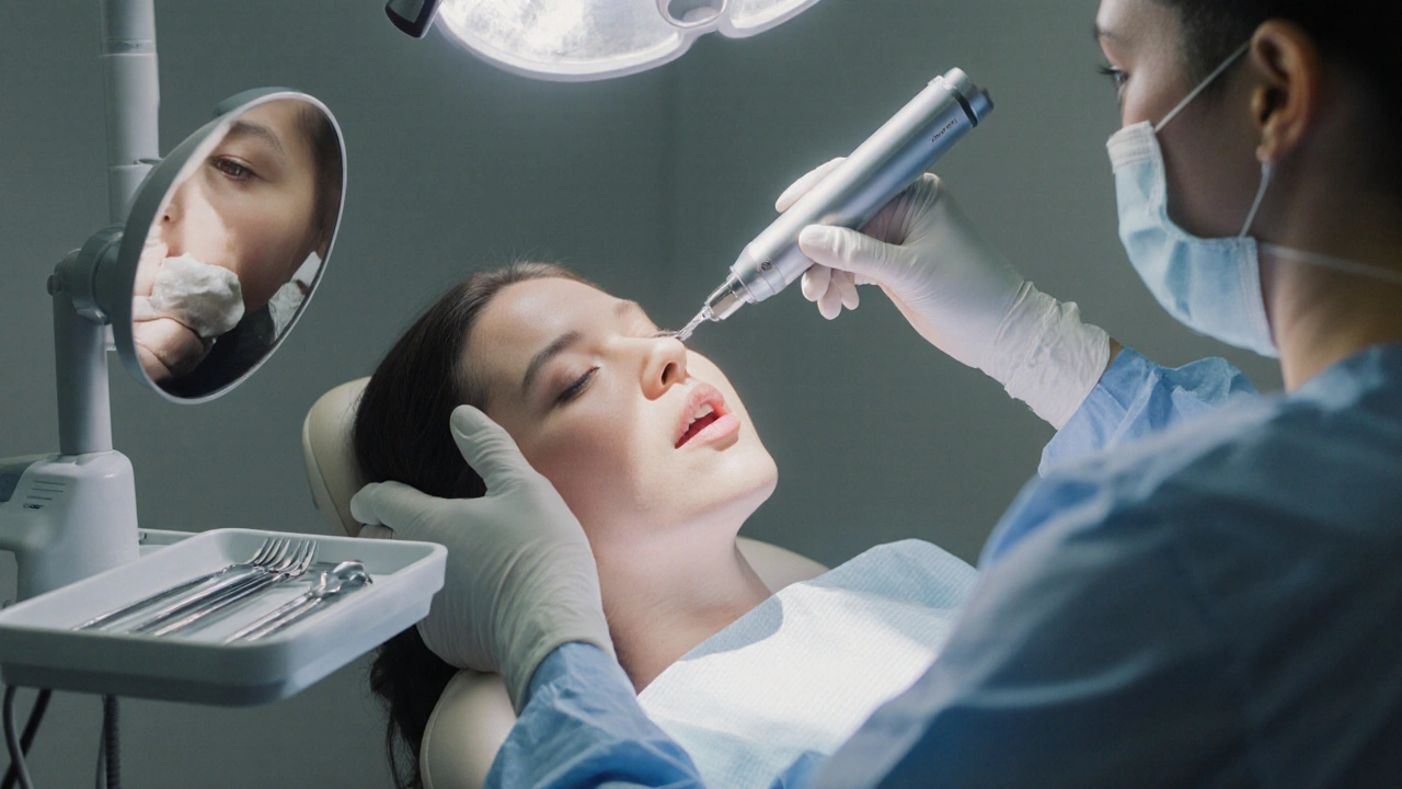 Zubní hygienička odstraňuje zubní kámen pod dásní ultrazvukovým nástrojem.