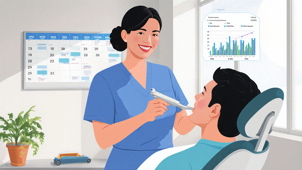 Zubní hygienička s plným termínovým harmonogramem pracuje s pacientem v příjemném prostředí.