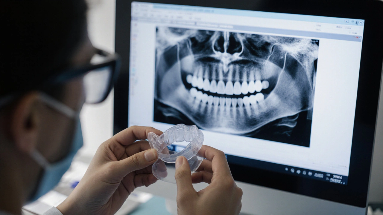 Zubní lékař drží přizpůsobený skus vedle digitálního otisku.