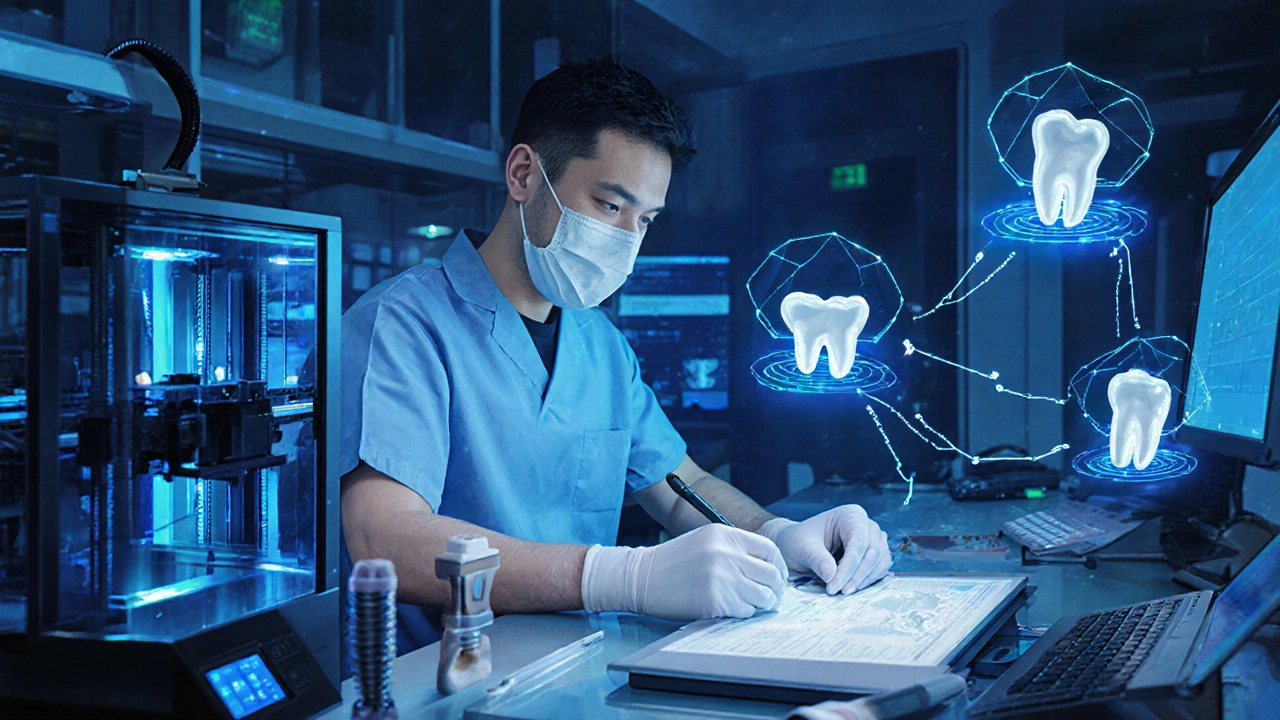 Zubní technik pracuje s 3D tiskárnami a digitálními systémy ve vysokotechnologické laboratoři.