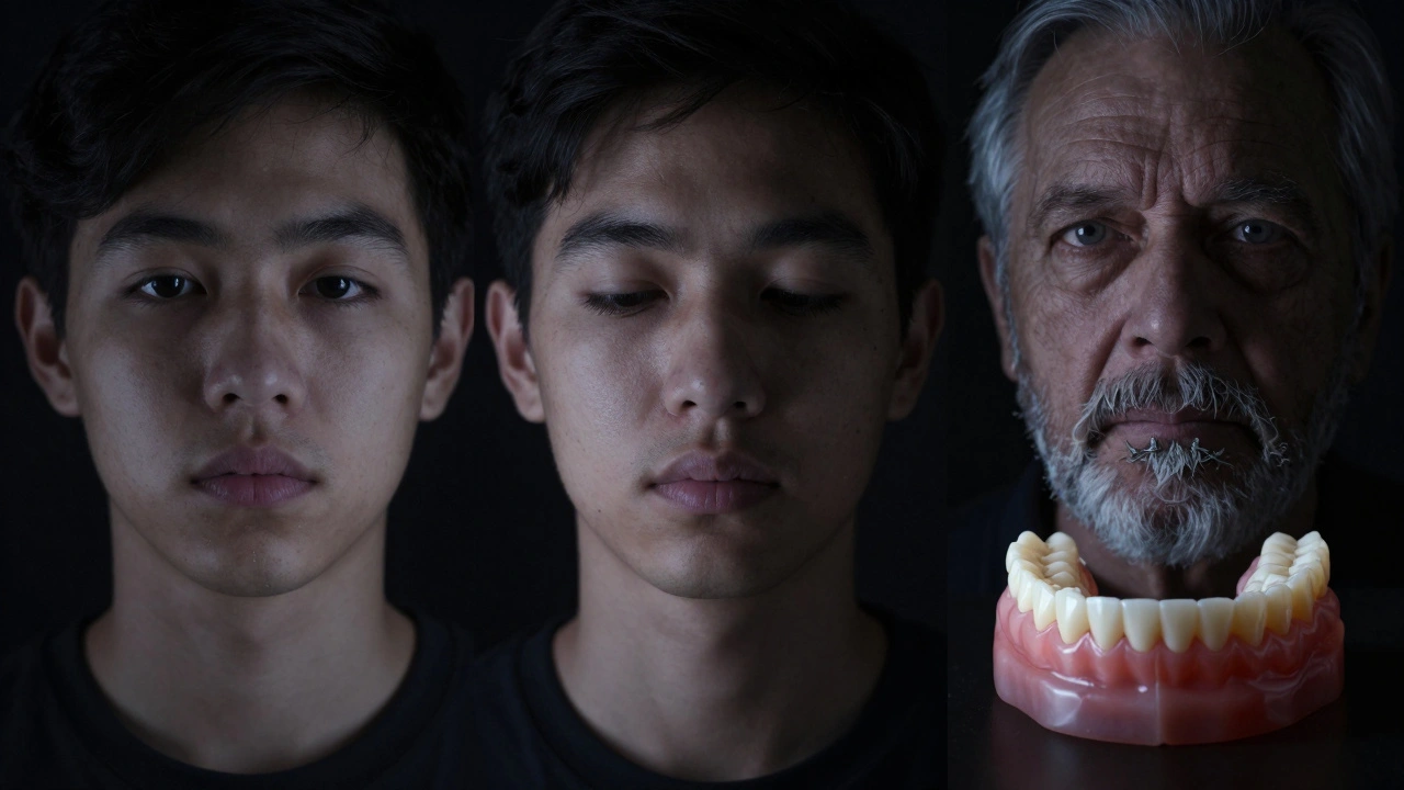 Časová osa ukazující dlouhodobý vliv nasazovacích zubů versus mostu.