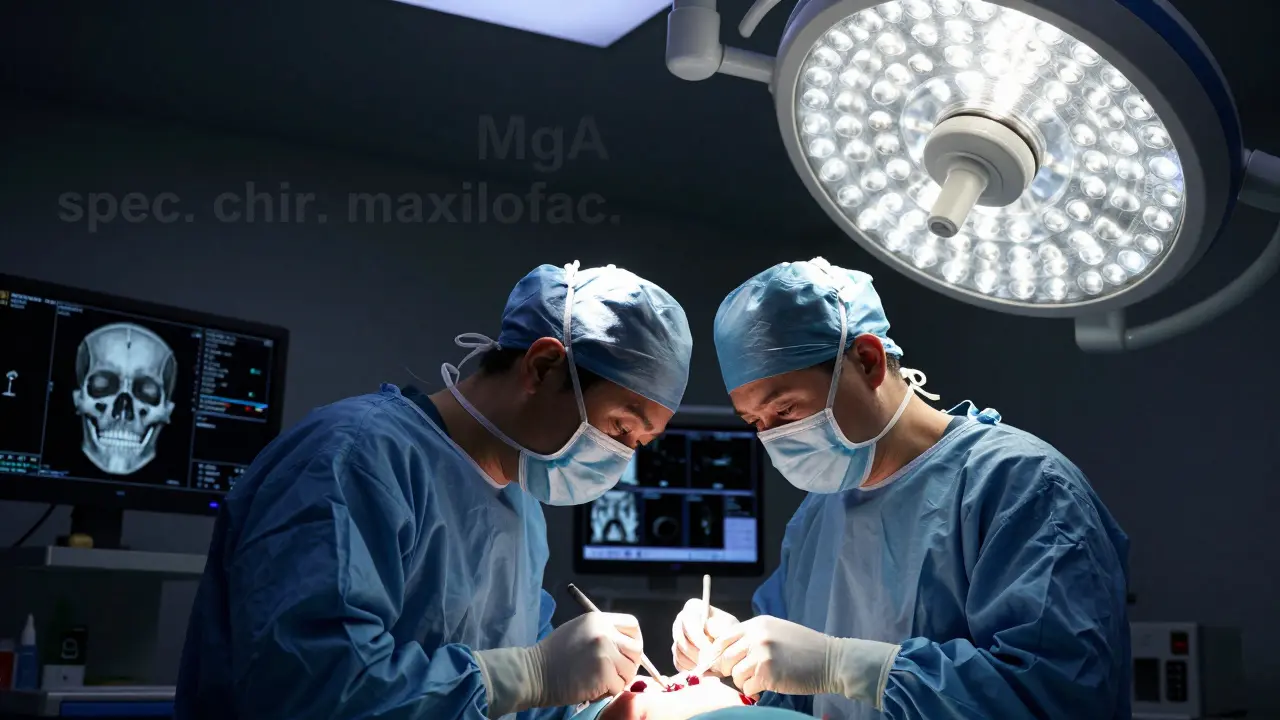 Chirurg provádí složitou rekonstrukci čelisti pod osvětlením operačních světel.