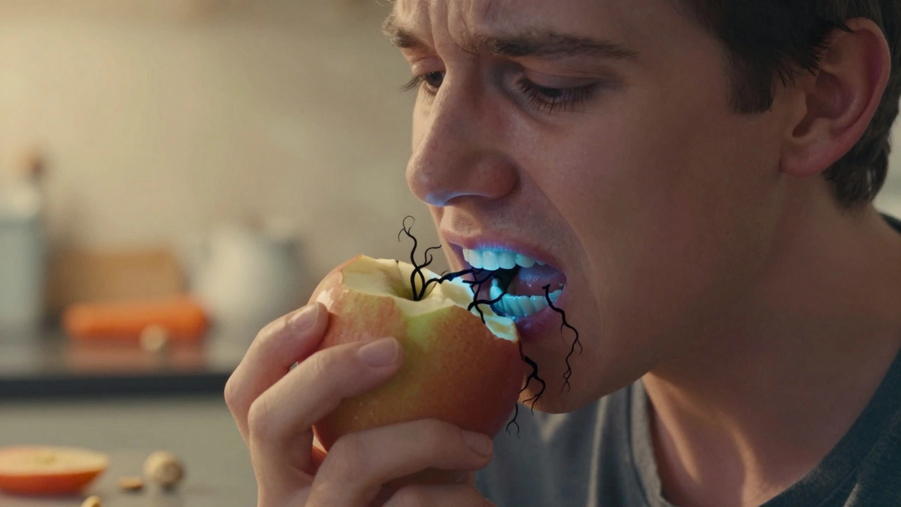 Člověk se obává jíst tvrdé jídlo kvůli skrytému zubnímu kazu.