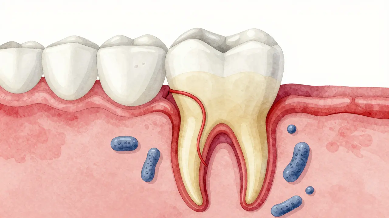 Cross-section of a tooth showing decay progressing from enamel to pulp.