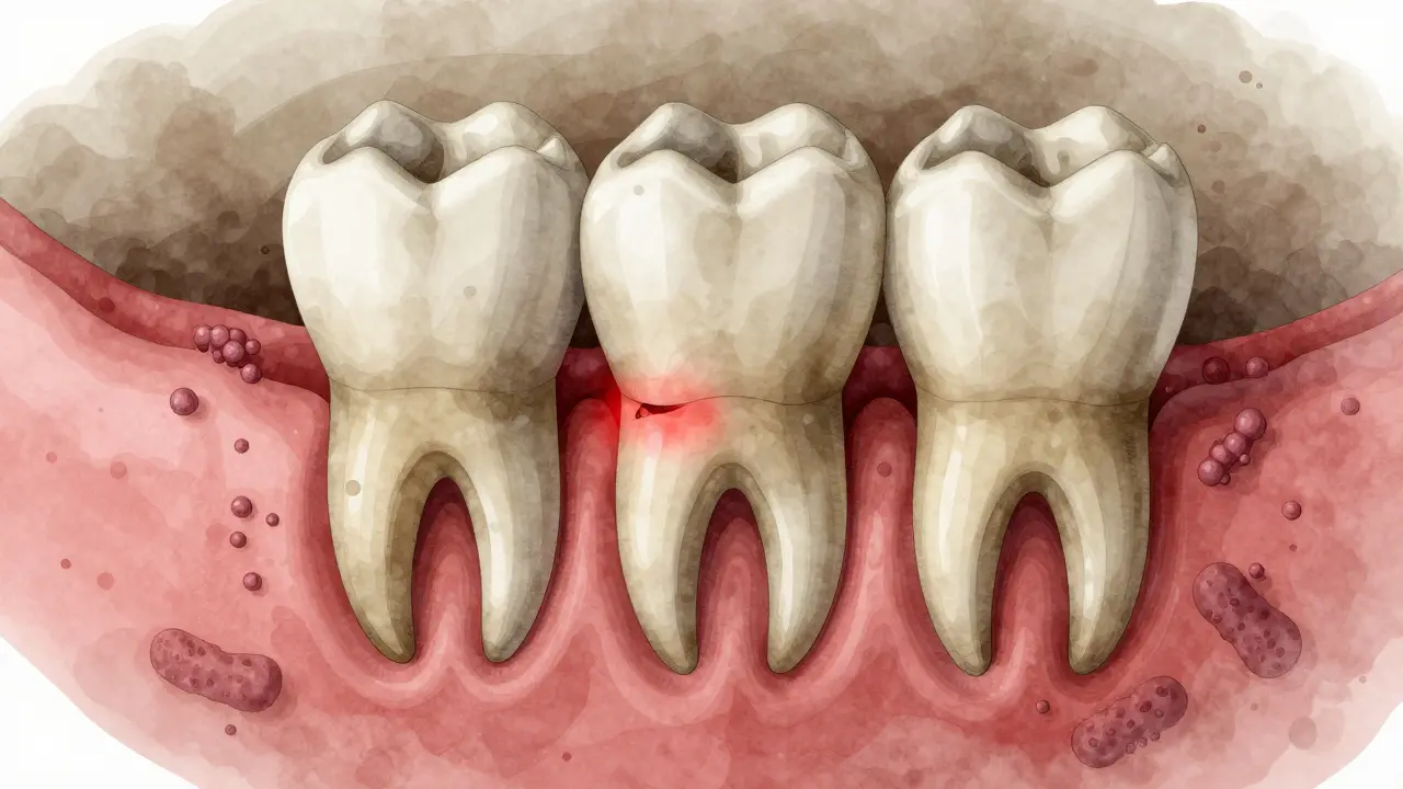 Cross-section of jawbone showing impacted wisdom teeth pressing against adjacent molar with infection.