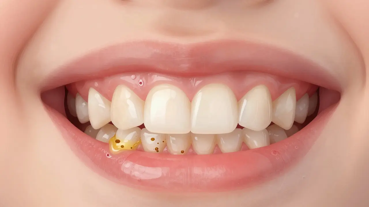 Detail zubů dítěte s viditelným žlutým zubním kamenem na dásní.