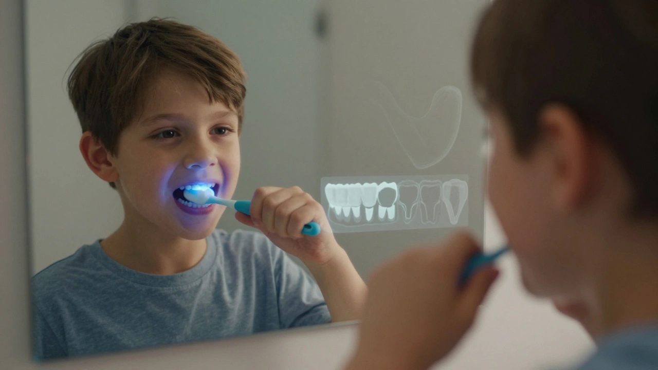 Dítě čistí zuby, zatímco pod dásněmi se skrývají ještě nevyrůstající stoličky.