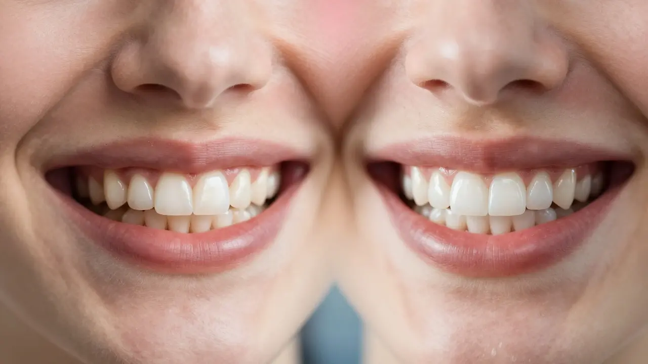 Dvě různé úsměvy: tmavé vs. bělící se zuby v porovnání.