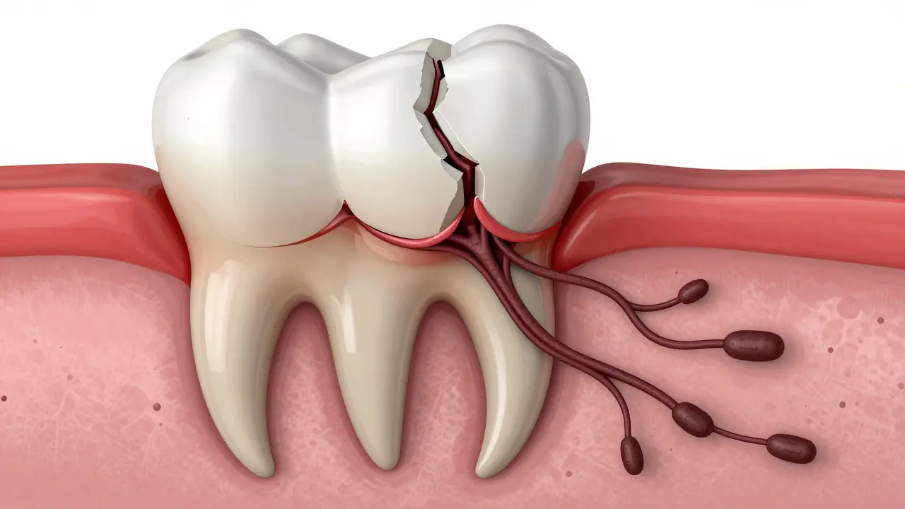 Healthy tooth root next to infected tooth with spreading bacteria in bone tissue.