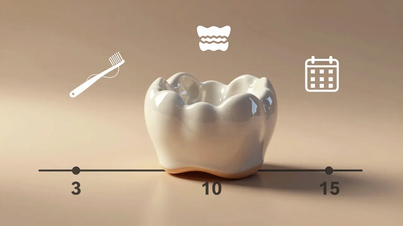 Keramická korunka na časové ose s ukazateli péče a rizik.