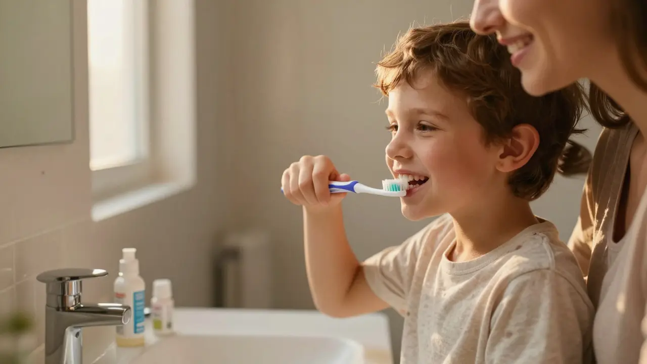 Matka čistí zuby svému dítěti večer, s probiotikem a fluoridovou pastou na pozadí.