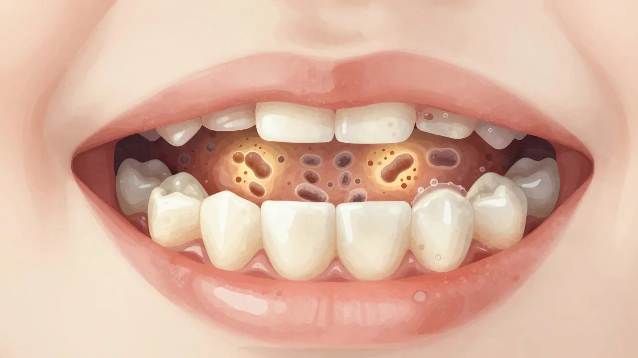 Mikroskopický pohled na tvorbu zubního kamene u dětských zubů s bakteriemi a vápenitými usazeninami.