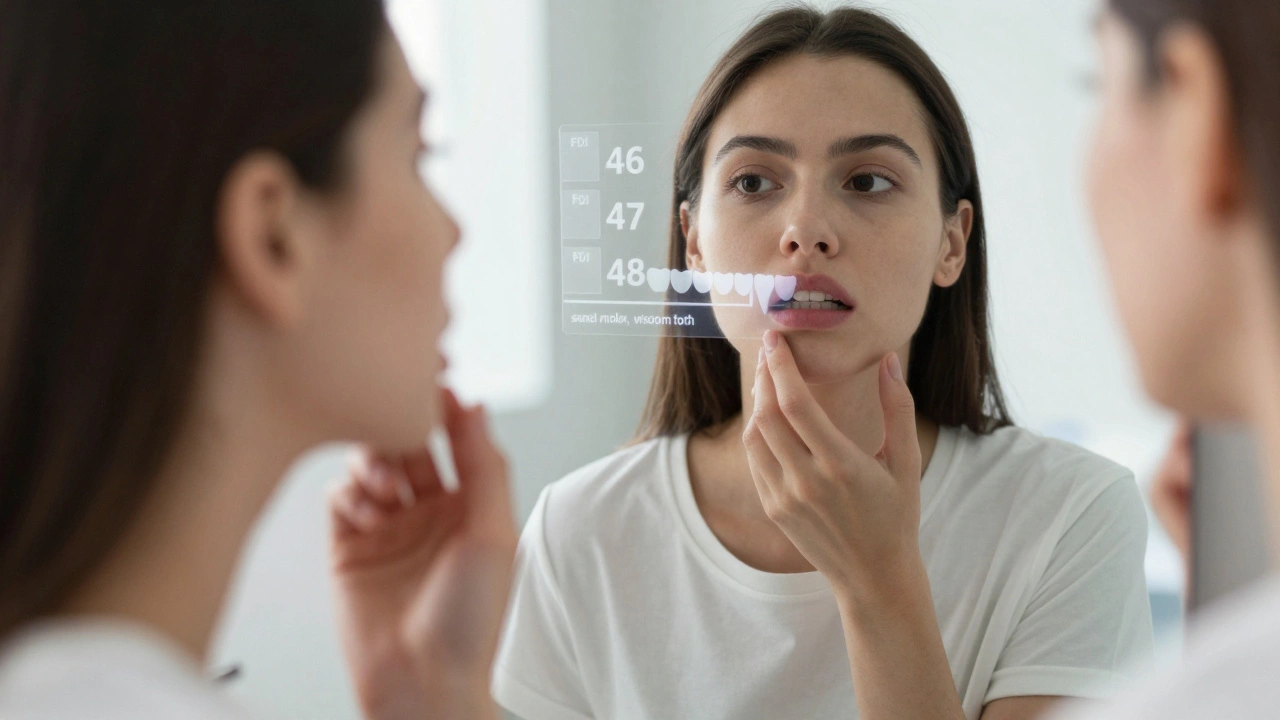 Osoba se dívá do zrcadla, zatímco nad čelistí visí přehled názvů a čísel zubů.