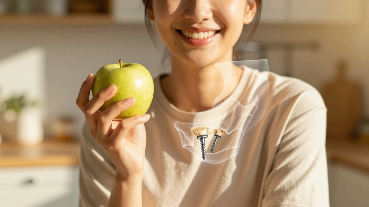 Osoba se usmívá, jí jídlo a má vyléčený zubní implantát.