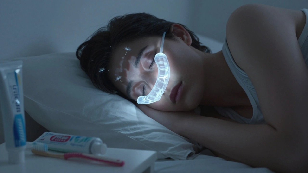 Osoba spí s noční ochrannou štětkou, měsíční světlo osvětluje pokoj.