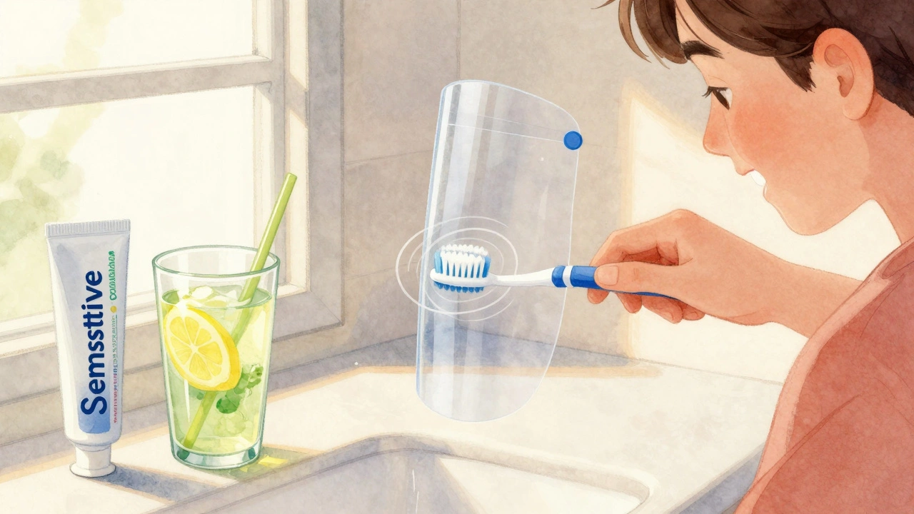 Osoba štětí zuby měkkým štětcem jemnými kruhovými pohyby, na pozadí limonáda a pastu proti citlivosti.