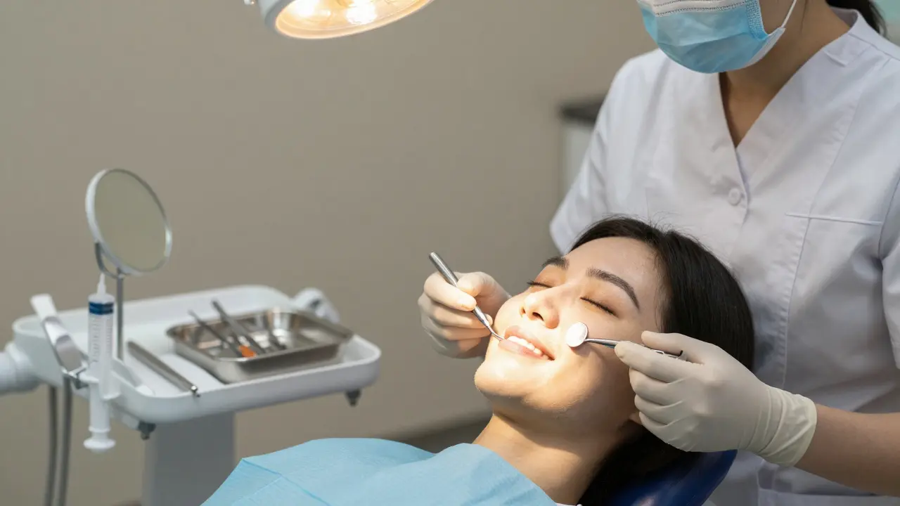 Pacient s úsměvem po profesionálním čištění zubů v klidné zubní klinice