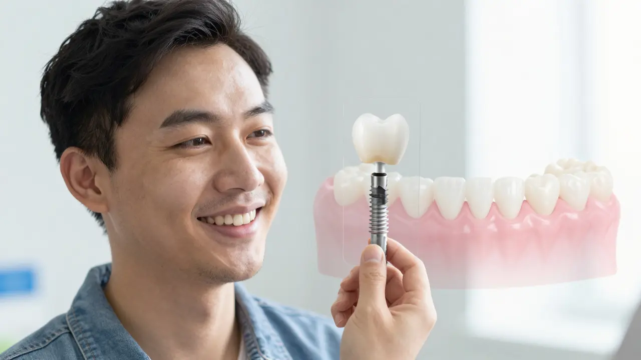 Patient smiling with dental implant, transparent view showing bone integration.