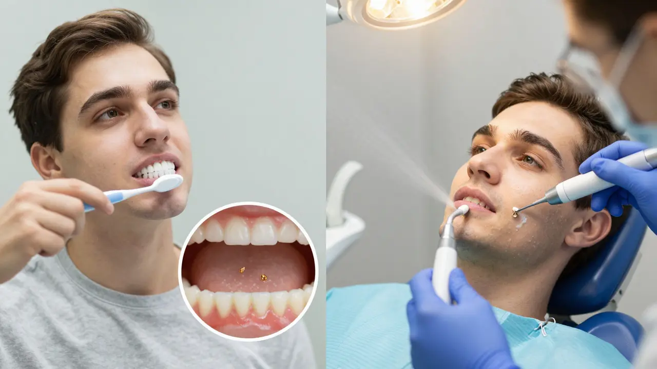 Porovnání domácího čištění a profesionálního odstranění zubního kamene.