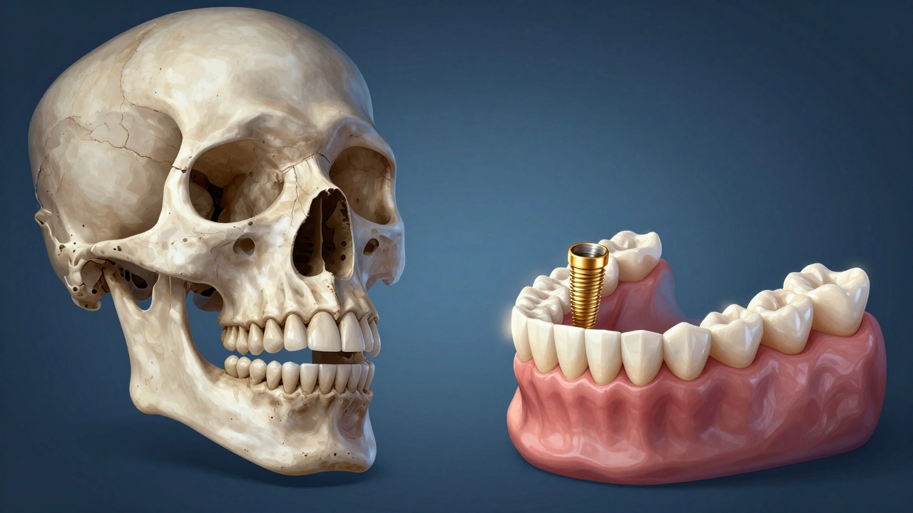 Porovnání poškozené a obnovené čelisti s implantáty.