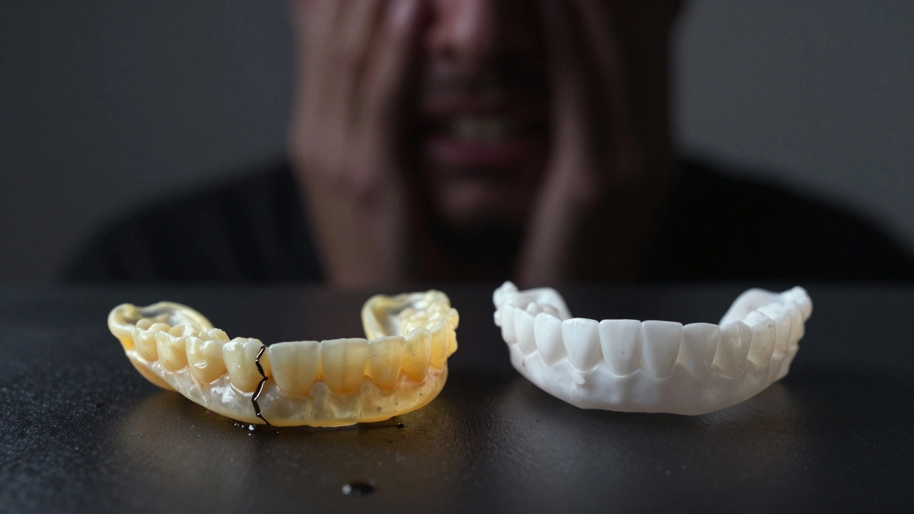 Poškozené rovnátko vedle nového, s bílými skvrnami na zubech v pozadí.