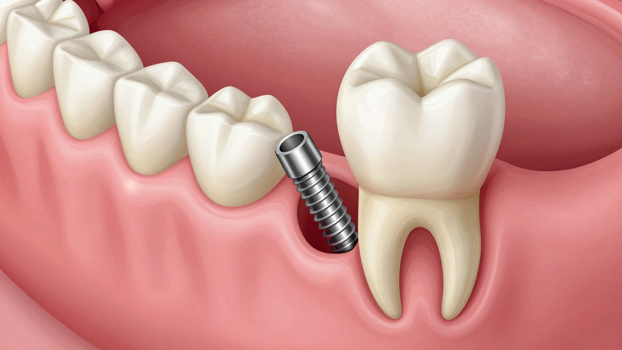 Příčný řez čelistí s titanovým zubním implantátem v kosti.