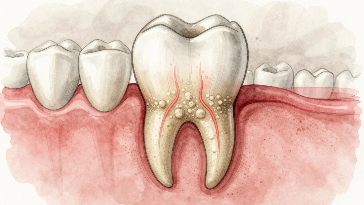 Příčný řez předním zubem s kamenem pod dásní a citlivými nervy.