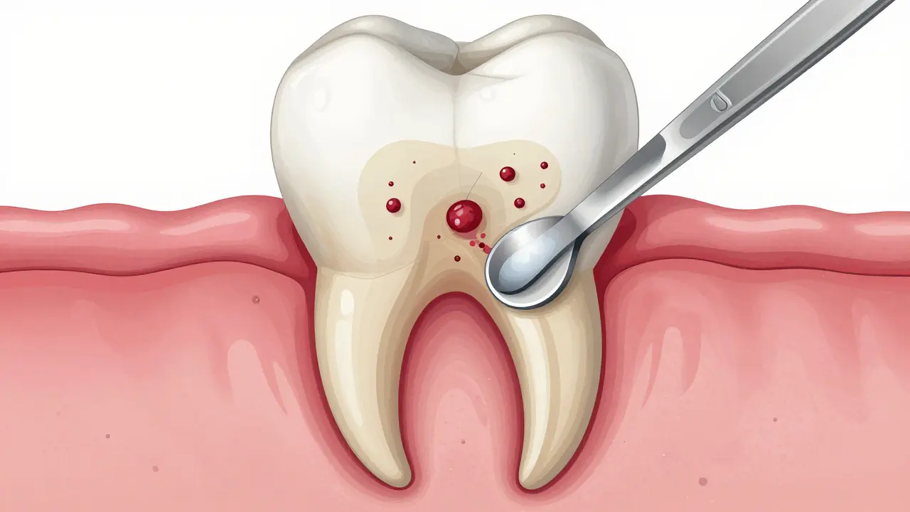 Příčný řez zubním kořenem s infikovaným parodontálním chobotem a kyretážním nástrojem